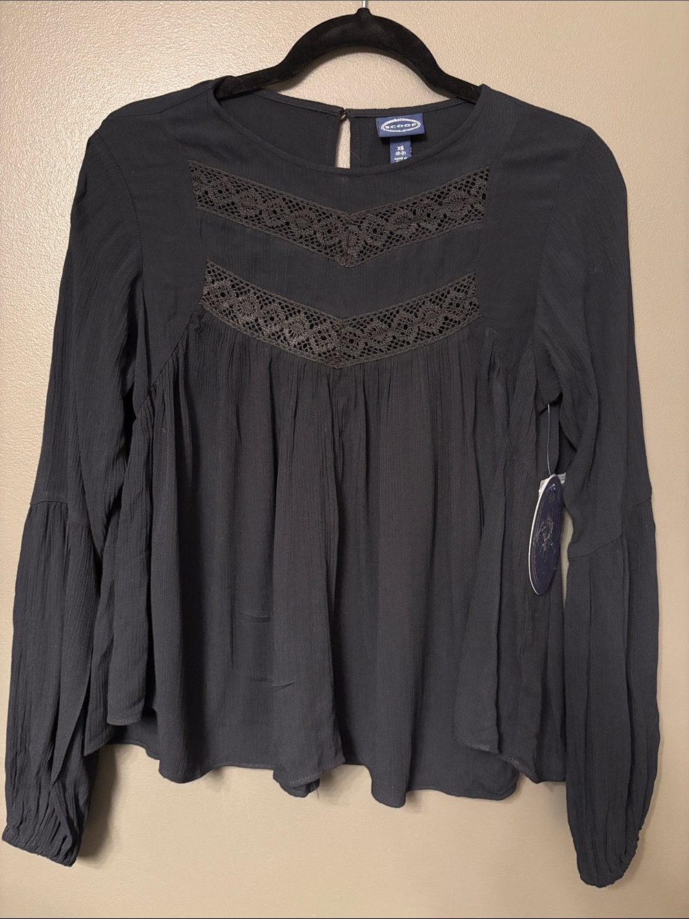 Scoop Black Lace-Panel Peasant Top